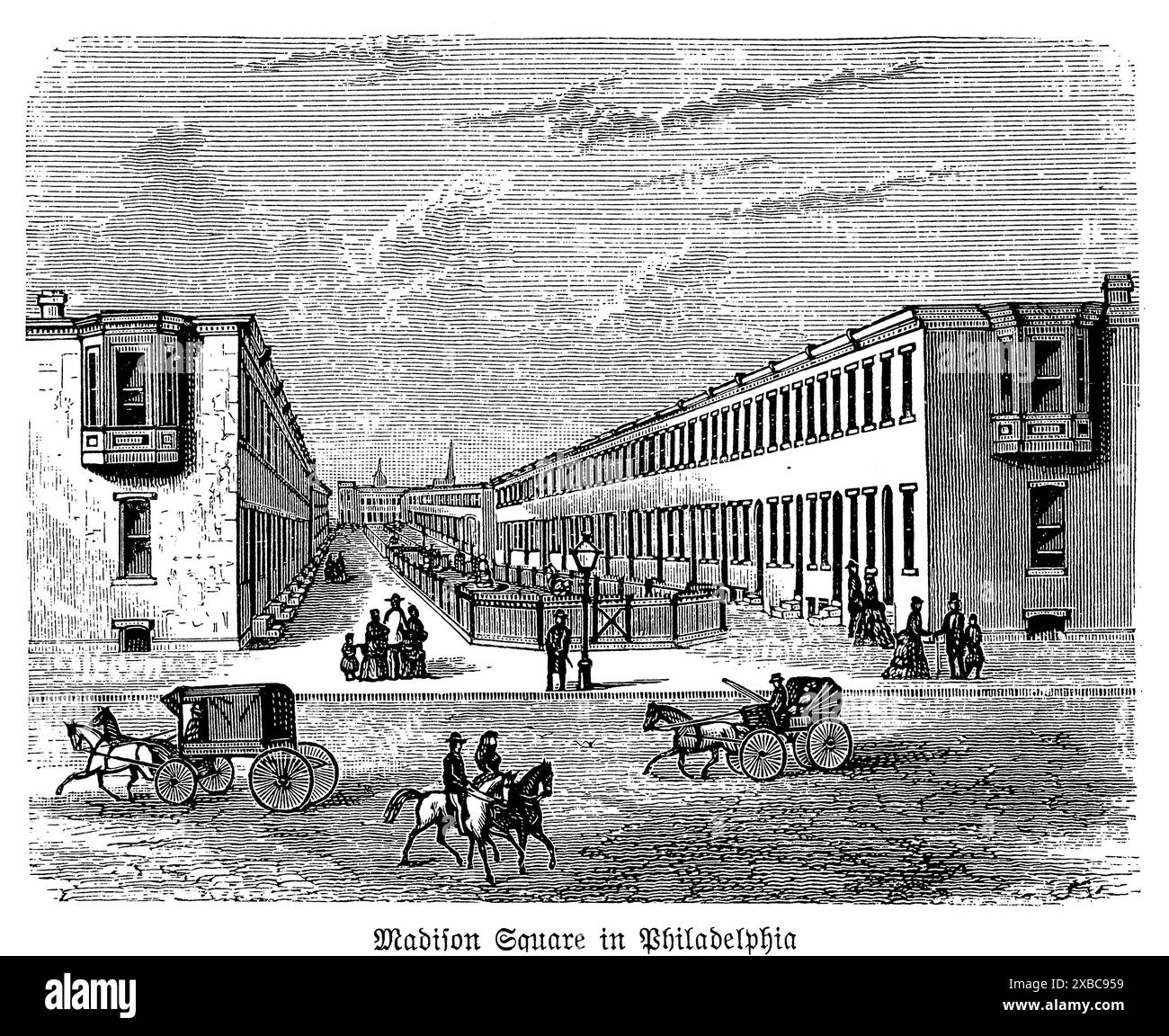 Dieser exquisite Schwarzweiß-Gravur aus dem 19. Jahrhundert zeigt den Madison Square in Philadelphia und erfasst die architektonische Pracht und Stadtplanung der Epoche. Das Kunstwerk veranschaulicht den belebten Platz mit seinen eleganten Gebäuden, komplizierten Fassaden und dem pulsierenden Leben der Stadt. Die detailreiche Handwerkskunst unterstreicht die neoklassischen und viktorianischen Einflüsse, die in der Architektur vorherrschen, und bietet einen Einblick in die historische und kulturelle Essenz Philadelphias während des 19. Jahrhunderts. Stockfoto