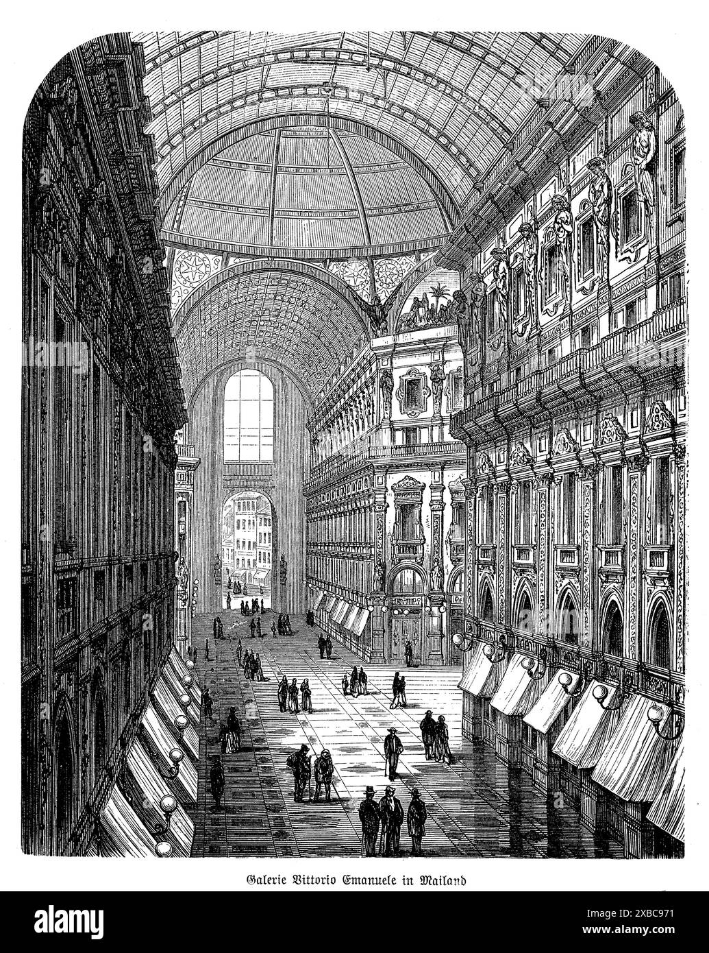 Dieser exquisite Schwarzweiß-Gravur aus dem 19. Jahrhundert zeigt die Galleria Vittorio Emanuele II in Mailand, ein Meisterwerk italienischer Architektur, entworfen von Giuseppe Mengoni. Das Kunstwerk fängt die Pracht der Arkade mit Glaskuppeln ein und hebt das elegante Eisenwerk, die komplizierten Mosaiken und die luxuriösen Geschäfte hervor. Die Szene ist voller gut gekleideter Gäste, die schlendern und einkaufen, was die Opulenz und kulturelle Lebendigkeit Mailands während dieser Zeit widerspiegelt. Die detailreiche Verarbeitung der Gravur bietet einen zeitlosen Einblick in eines der ältesten und renommiertesten Einkaufszentren der Welt Stockfoto