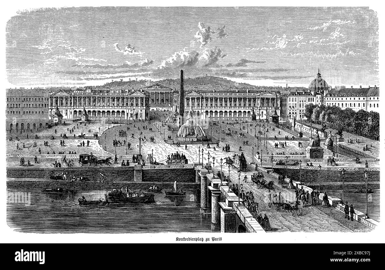 Dieser elegante Schwarzweiß-Gravur aus dem 19. Jahrhundert zeigt den Place de la Concorde in Paris, einen der berühmtesten und historisch bedeutendsten öffentlichen Plätze der Stadt. Das Kunstwerk fängt die Pracht des Platzes ein, mit dem markanten Obelisken von Luxor, den majestätischen Brunnen und der umliegenden neoklassischen Architektur. Die Szene wird durch Pariser Spaziergänge und vorbeifahrende Kutschen belebt, die das pulsierende Leben der Stadt widerspiegeln. Die detailreiche Handwerkskunst des Gravurs unterstreicht die architektonische Schönheit und den historischen Reichtum des Place de la Concorde und bietet einen zeitlosen Blick auf die stadt Stockfoto
