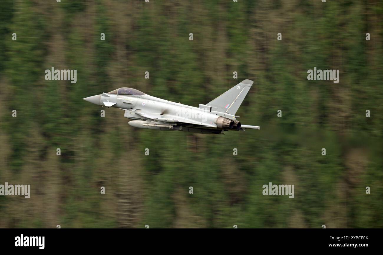 RAF Eurofighter (Taifun) niedrig in 250 m Höhe durch die Mach Loop, LFA7 Gebiet von Wales Stockfoto