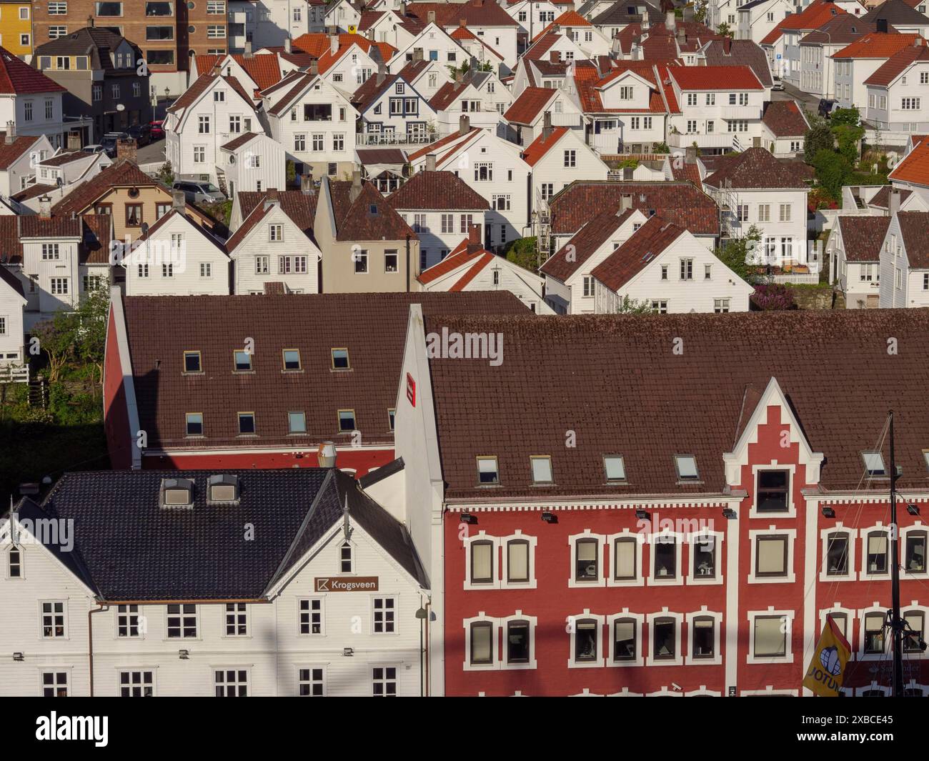 Enge weiße Häuser mit roten Dächern in einer norwegischen Stadt, Stavanger, Norwegen, Skandinavien Stockfoto