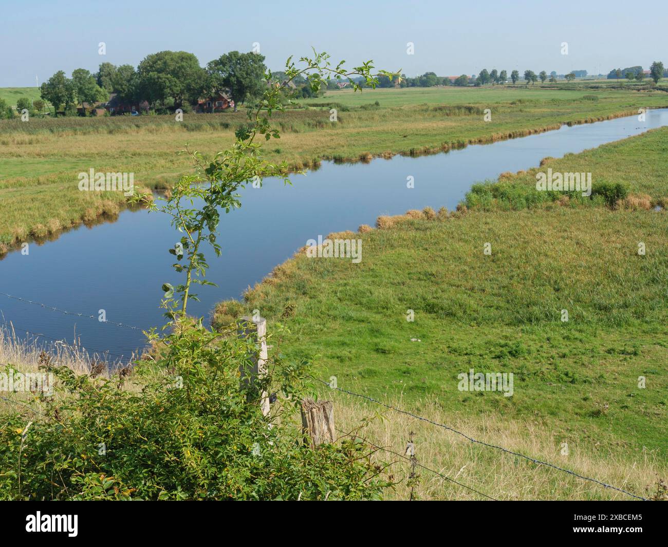 Langer Fluss schlängelt sich durch grüne Felder unter klarem blauem Himmel, Ditzum, rheiderland, Niedersachsen, Deutschland Stockfoto