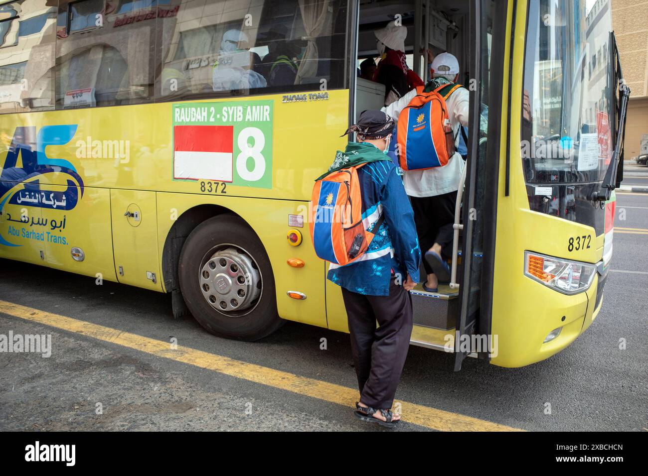 Mekka, Saudi-Arabien - 28. Mai 2024: Shalawat Bus, Transporteinrichtungen im Shib Amir Terminal in Makkah für Muslime, die Hadschi durchführen Stockfoto