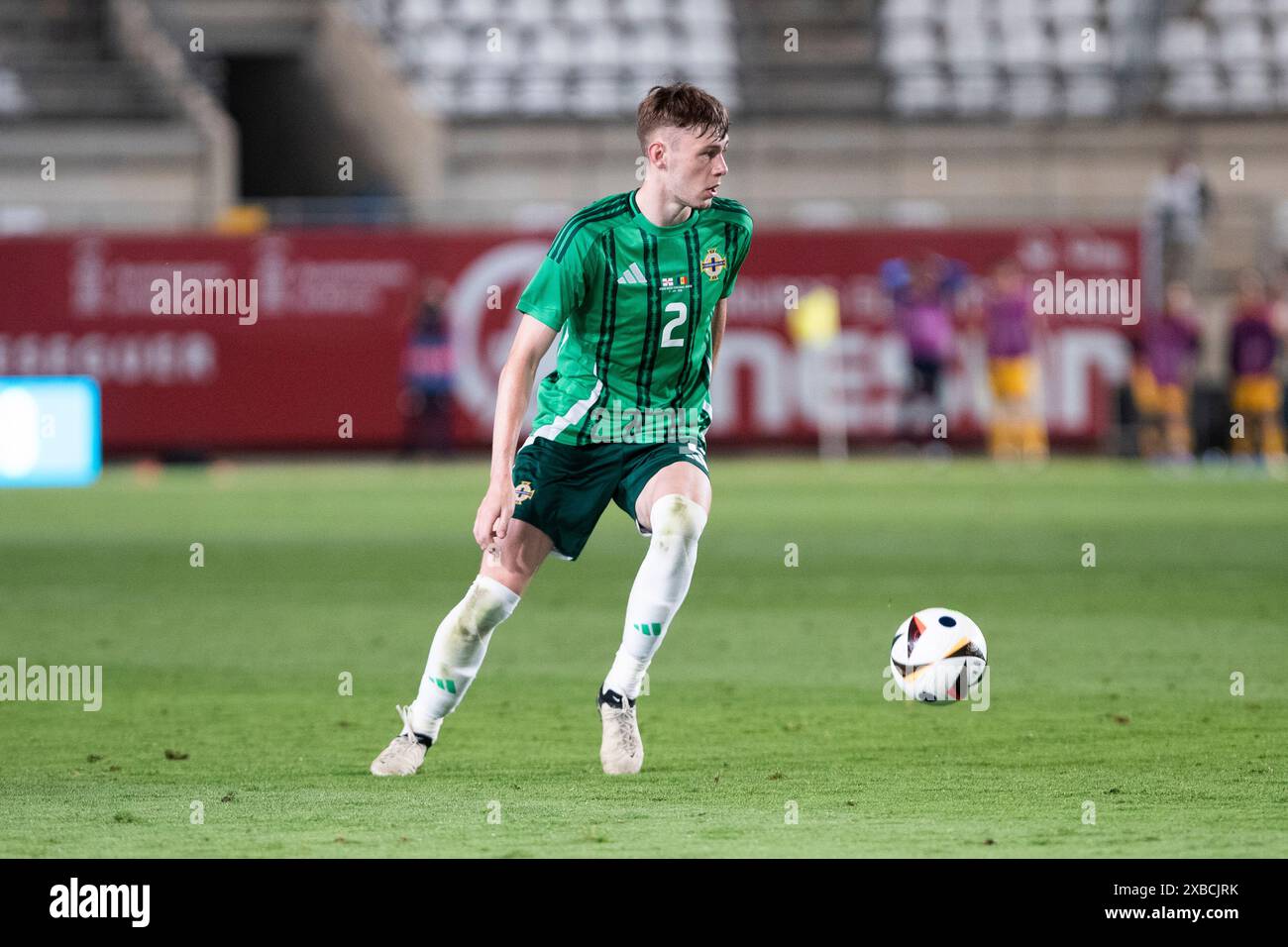 Murcia, Spanien. Juni 2024. CONOR BRADLEY DEFENDER NORTHERN IRELAND SPIELER, WÄHREND DES SPIELS NORTHERN IRELAND vs ANDORRA, UEFA-Freundschaftsspiel, Nueva Condomina Stadium, Murcia, Region Murcia, Juni 2024 Credit: Pascu Méndez/Alamy Live News Stockfoto