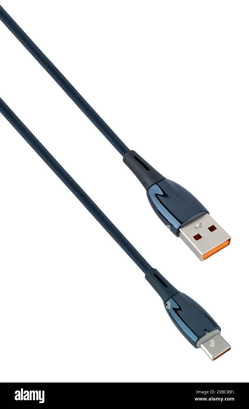 USB- und Typ-C-Kabel, auf weißem Hintergrund in der Isolierung Stockfoto