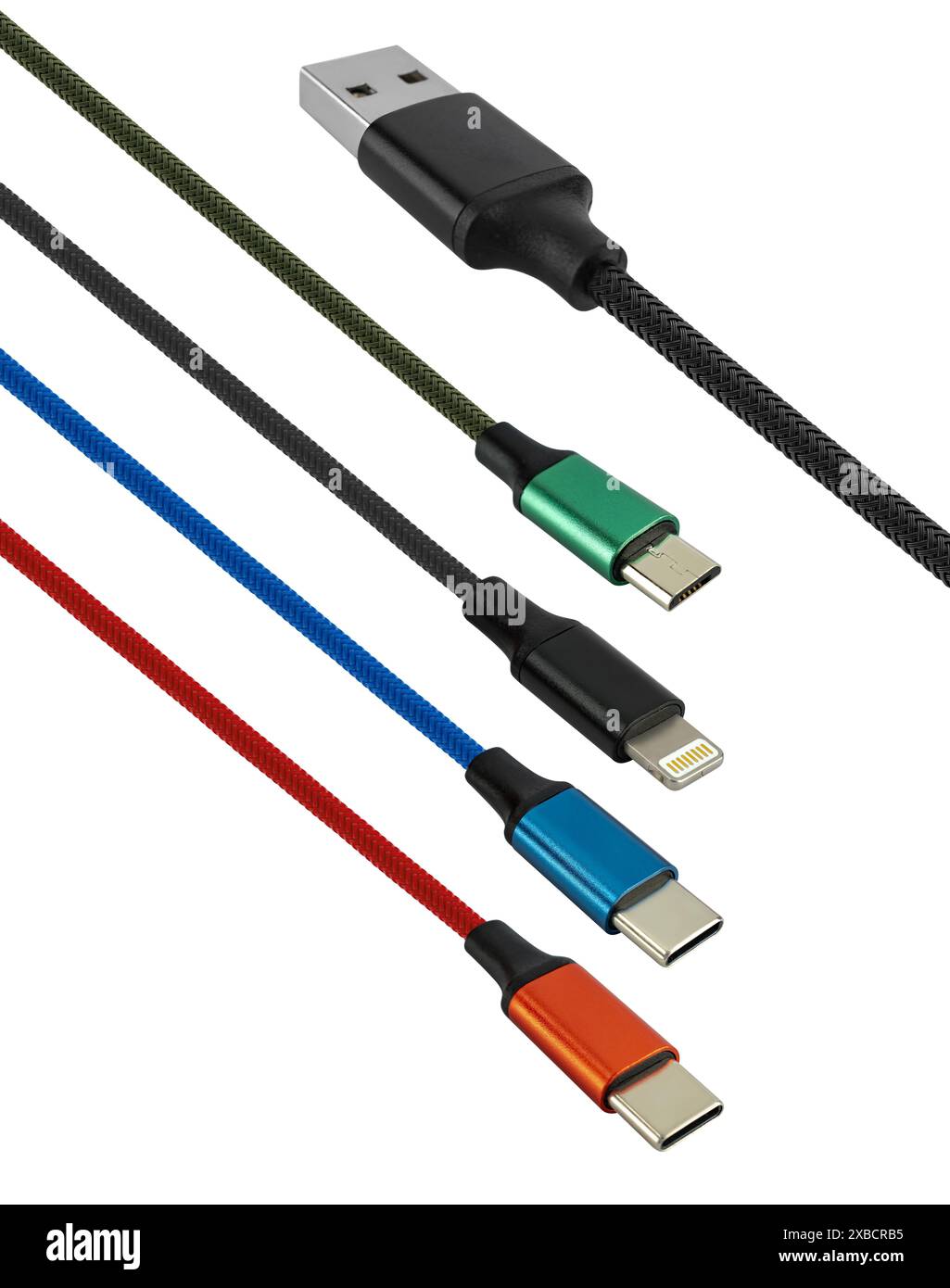 Micro-USB-, Lightning- und Typ-C-Kabel, auf weißem Hintergrund in Isolierung Stockfoto