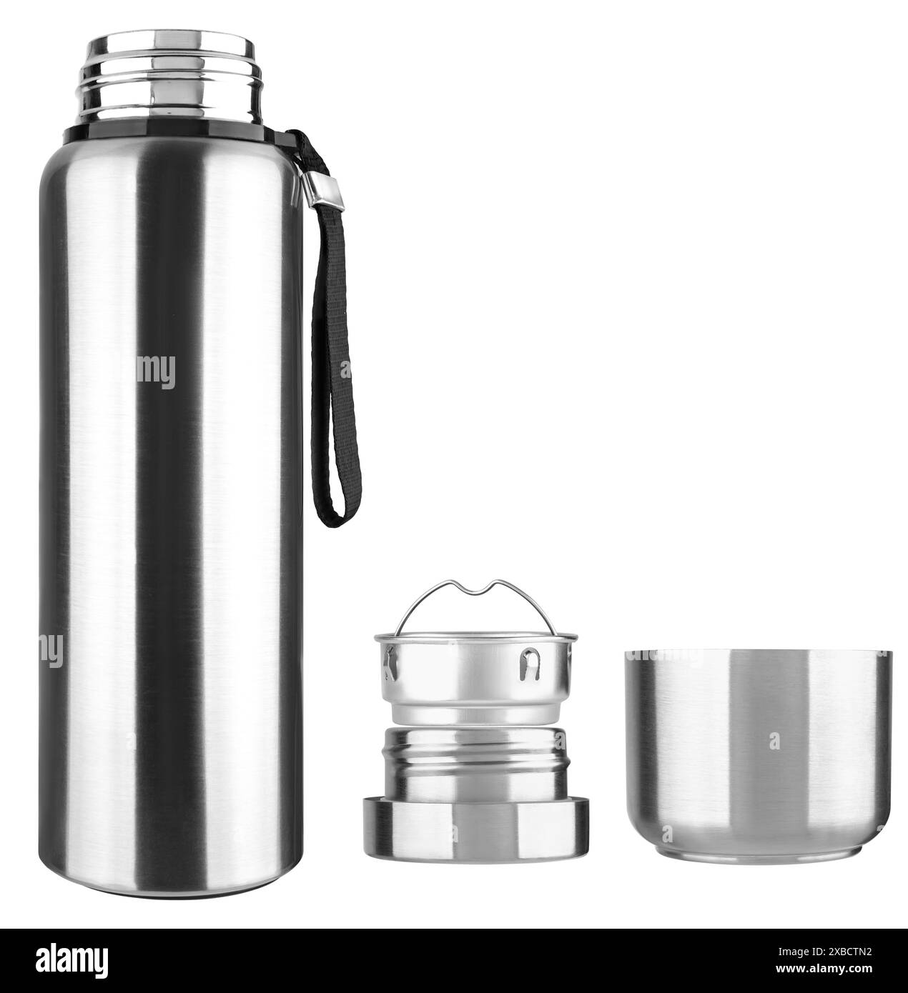 Metallthermos für heiße und kalte Getränke, auf weißem Hintergrund in der Isolierung Stockfoto