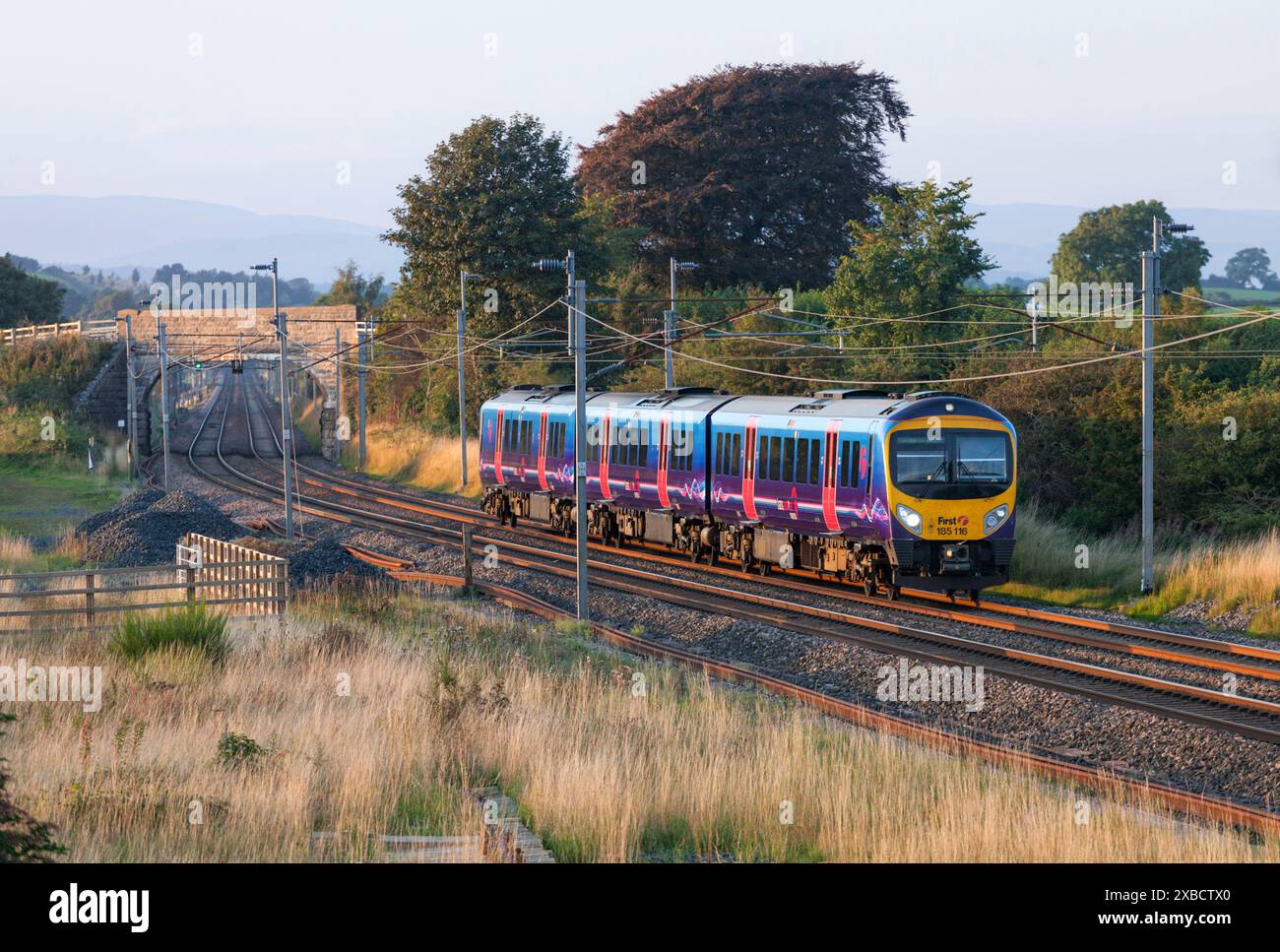 Erster Kelios TransPennine Express Siemens Desiro-Dieselzug der Baureihe 185 auf der elektrifizierten Hauptstrecke an der Westküste. Stockfoto