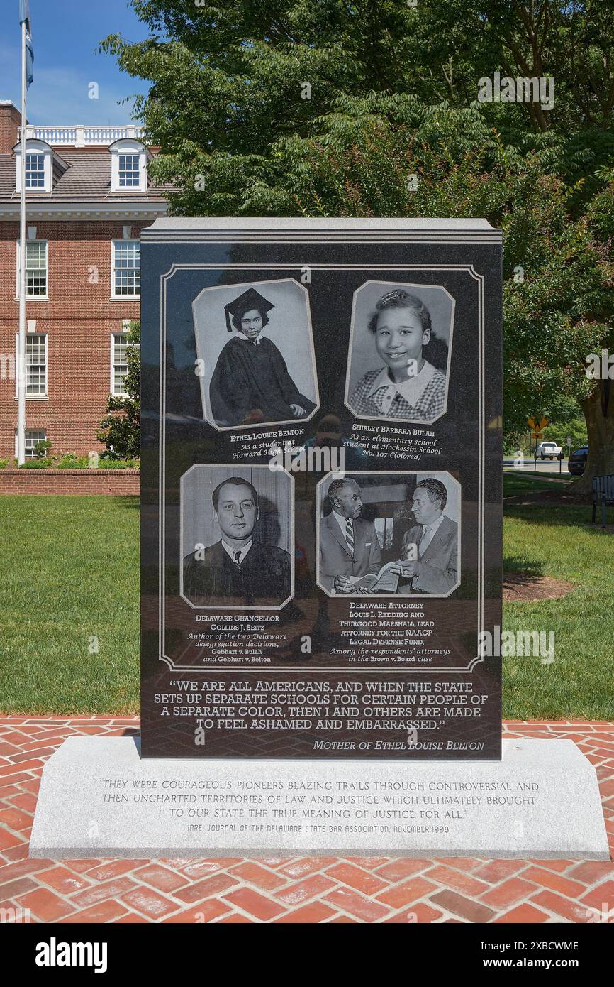 Denkmal zur Erinnerung an Delaware's Rolle in der bahnbrechenden Rechtssache Brown vs., Board of Education of Topeka zum 70. Jahrestag des Falles. Stockfoto