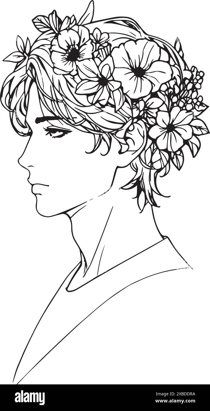 Schwarz-weiße Linienkunst im Boho-Stil eines jungen Mannes mit dunklem Haar, mit Blumenkrone und reflektierendem Ausdruck. Stock Vektor