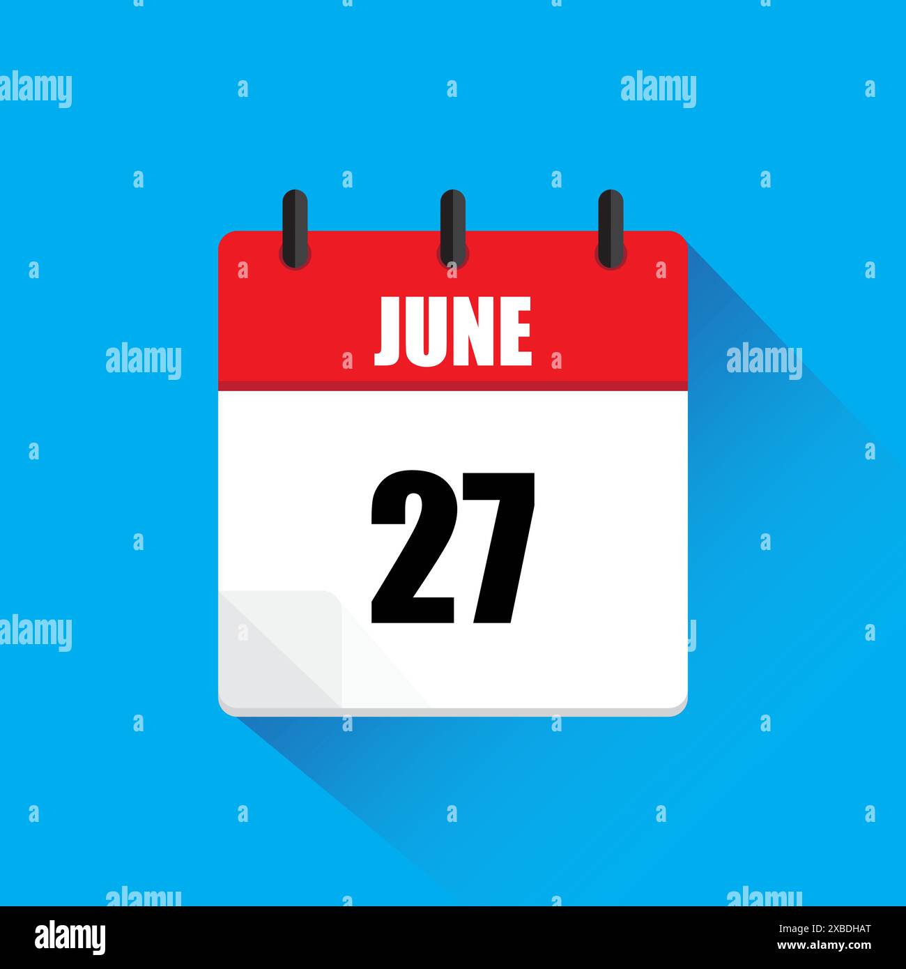 Symbol für Vektorkalender. Juni: 27. Juni. Rote und weiße Farben. Blauer Hintergrund. Stock Vektor