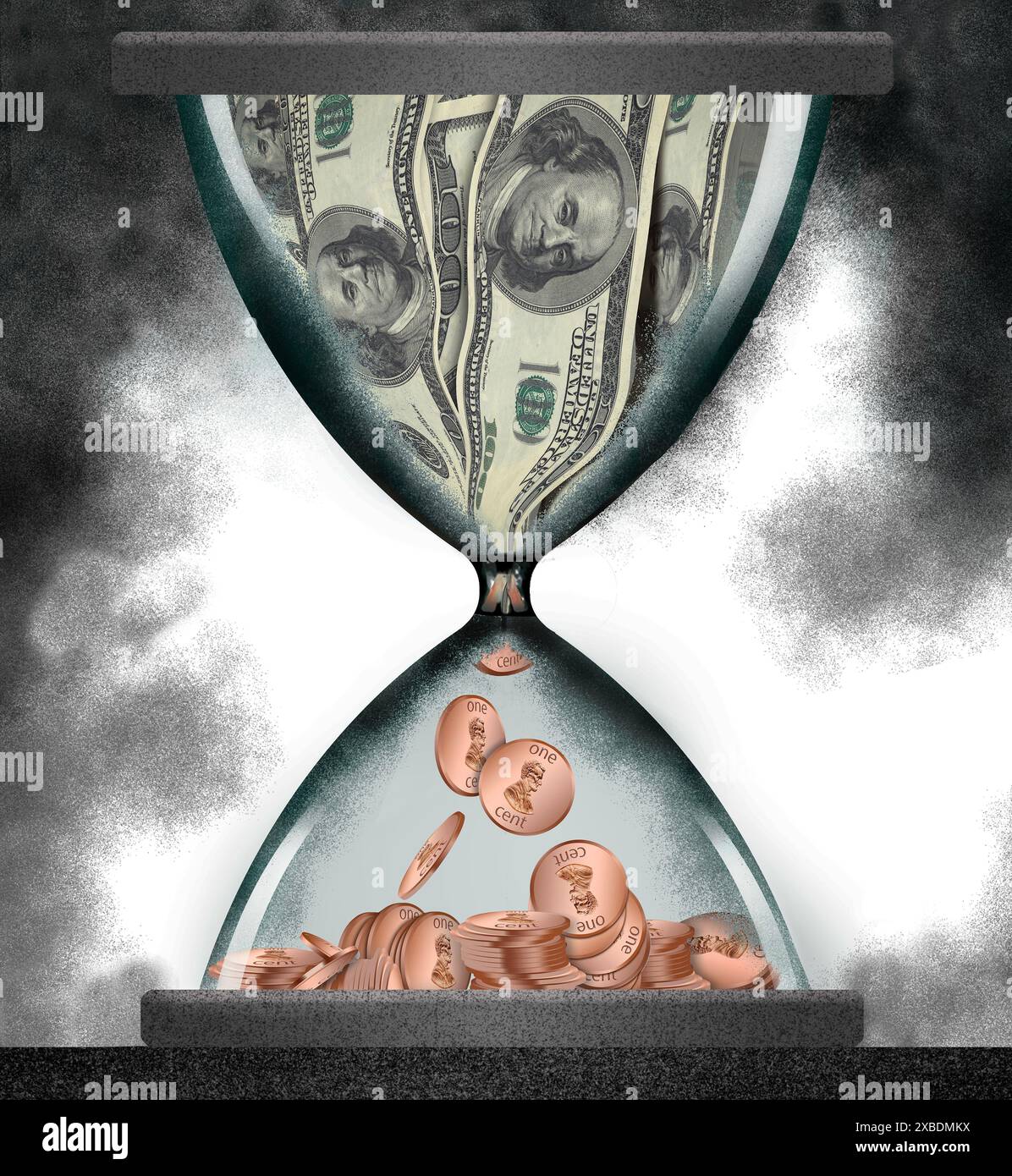 Zeit und Geld ist das Thema, dass Hunderte von Dollar in einer Sanduhr zu Pennys werden. Es ist eine 3D-Illustration über das Verschwinden von Altersvorsorgeersparnissen o Stockfoto
