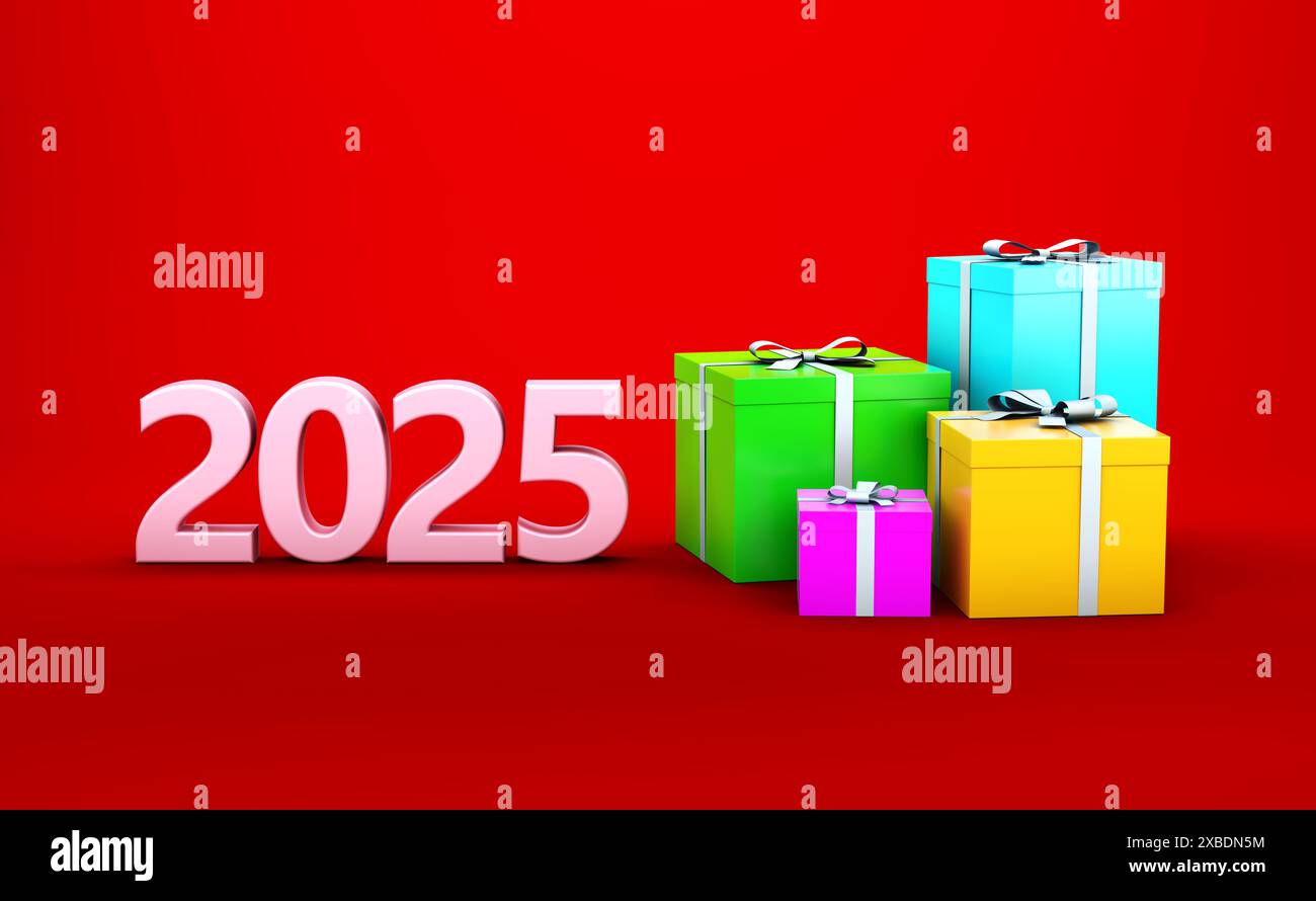 Neues Jahr 2025 Kreatives Design-Konzept mit Geschenkboxen – 3D-gerendertes Bild Stockfoto