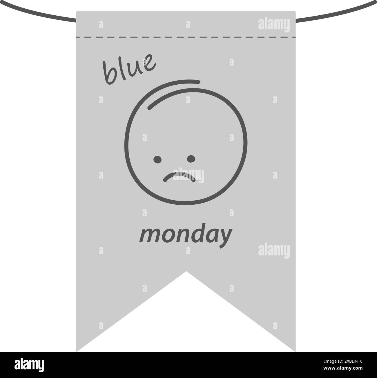 Trauriges Smiley-Gesicht mit Inschrift vor dem Hintergrund einer Festflagge auf einem Faden. Begrüßungskonzept EPS-Vektor isolieren. Blaue Montag-Karten, Poster, Banner, Broschüre, Einladung, Label- oder Webdesign-Idee Stock Vektor