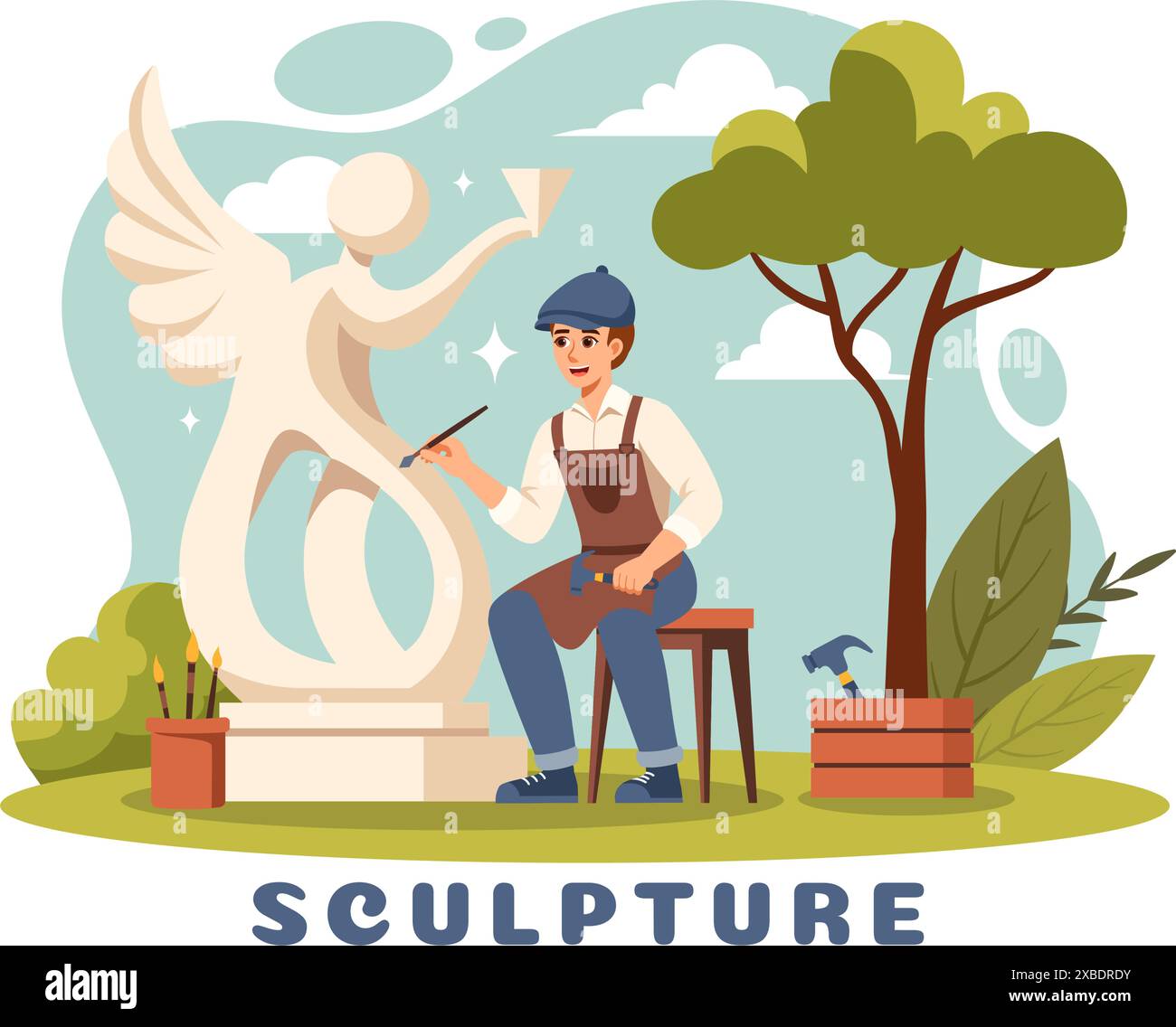 Steinskulptur Vektor-Illustration mit einem Handwerker, der einen Felsen mit Sculpting Tools in Flat Style Cartoon Hintergrund Design schnitzt Stock Vektor