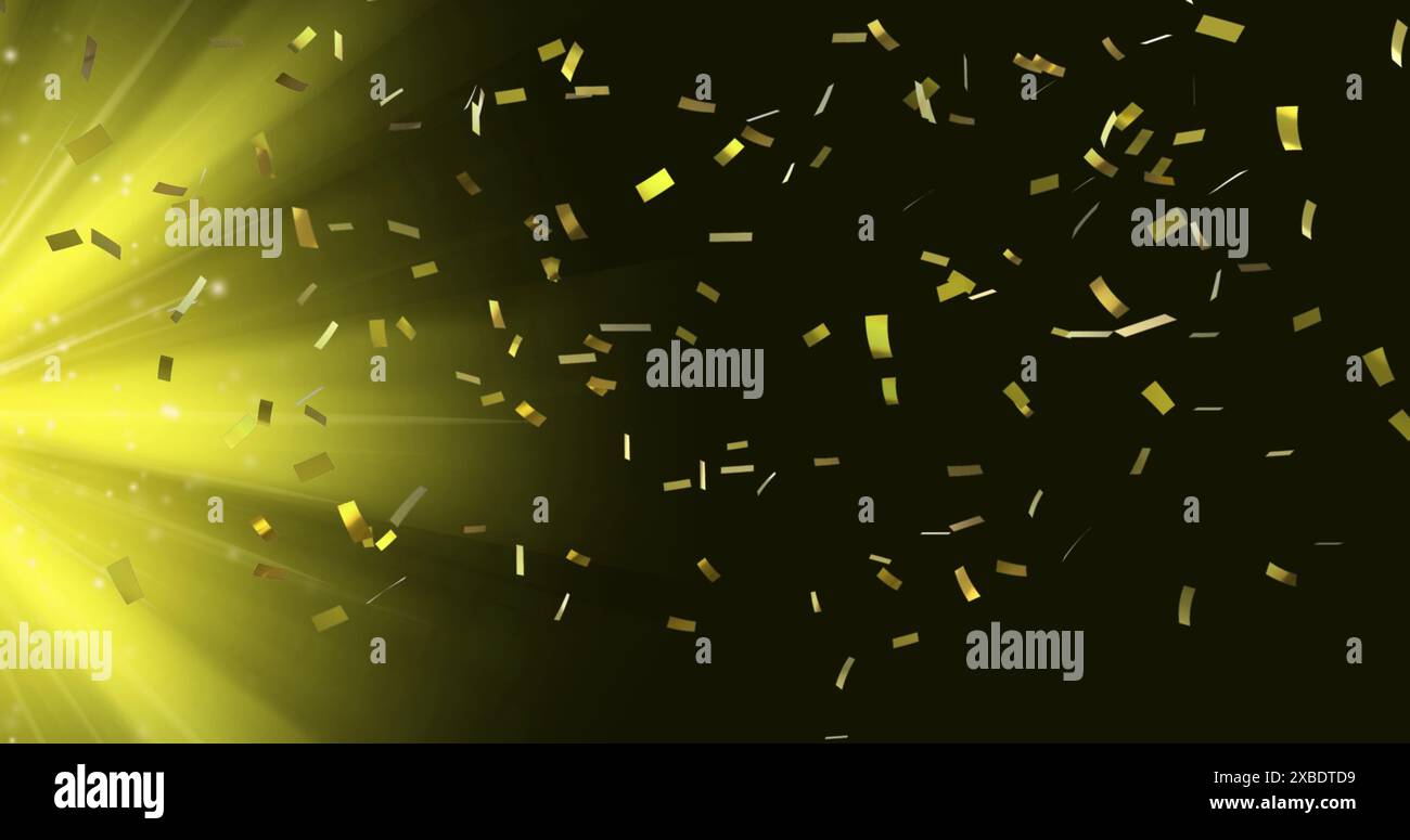 Bild von Konfetti, das über gelbes Licht auf schwarzem Hintergrund fällt Stockfoto Bild von Konfetti, das über gelbes Licht auf schwarzem Hintergrund fällt Stockfoto