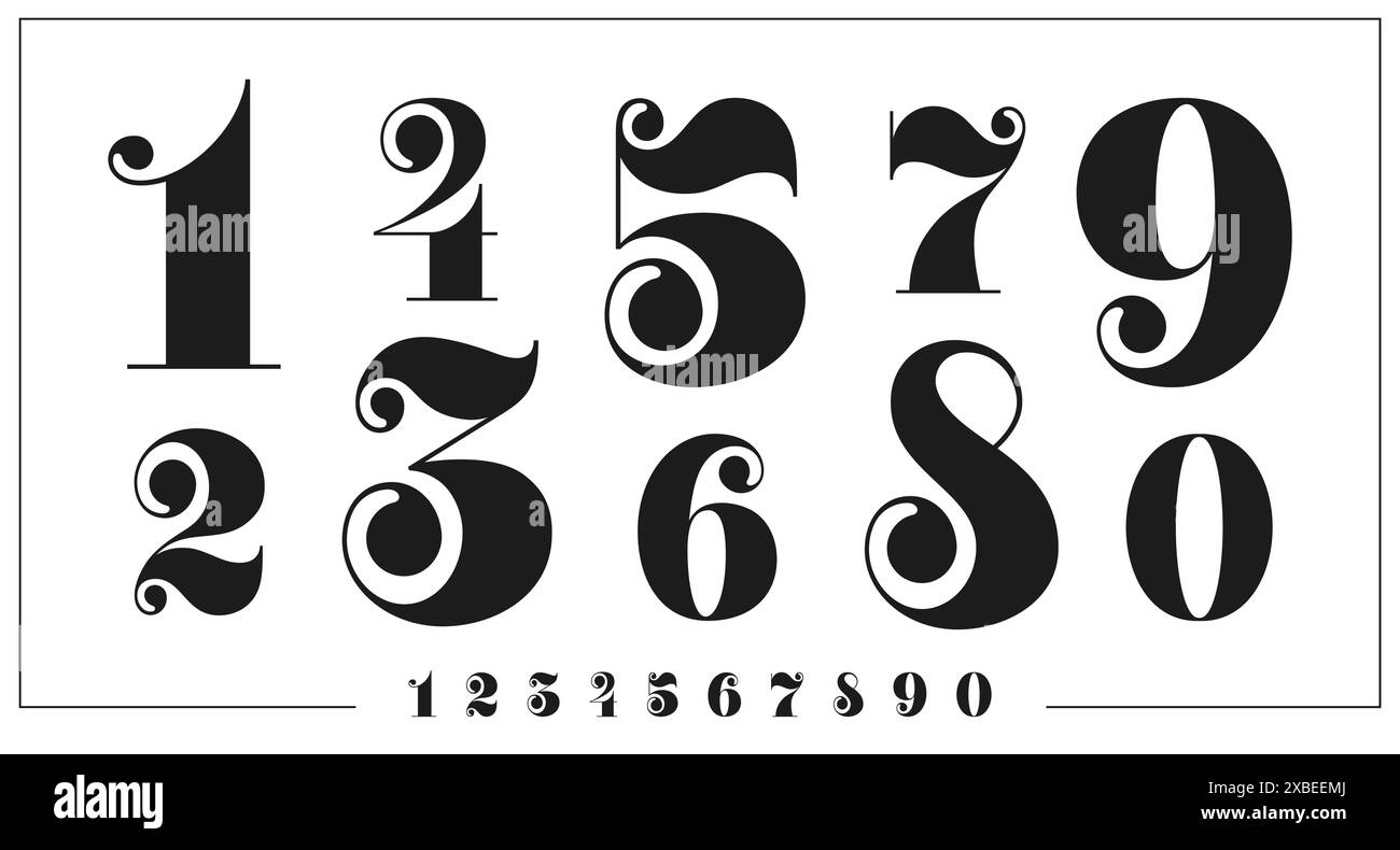 Dekorative Vintage-Nummern von 0 bis 9 mit elegantem und kompliziertem Stil. Isolierte schwarze Vektorziffern mit kurvenverzierten Details. Viktorianische, klassische, Vintage-Ziffern, königliche typografische Zahlen Stock Vektor