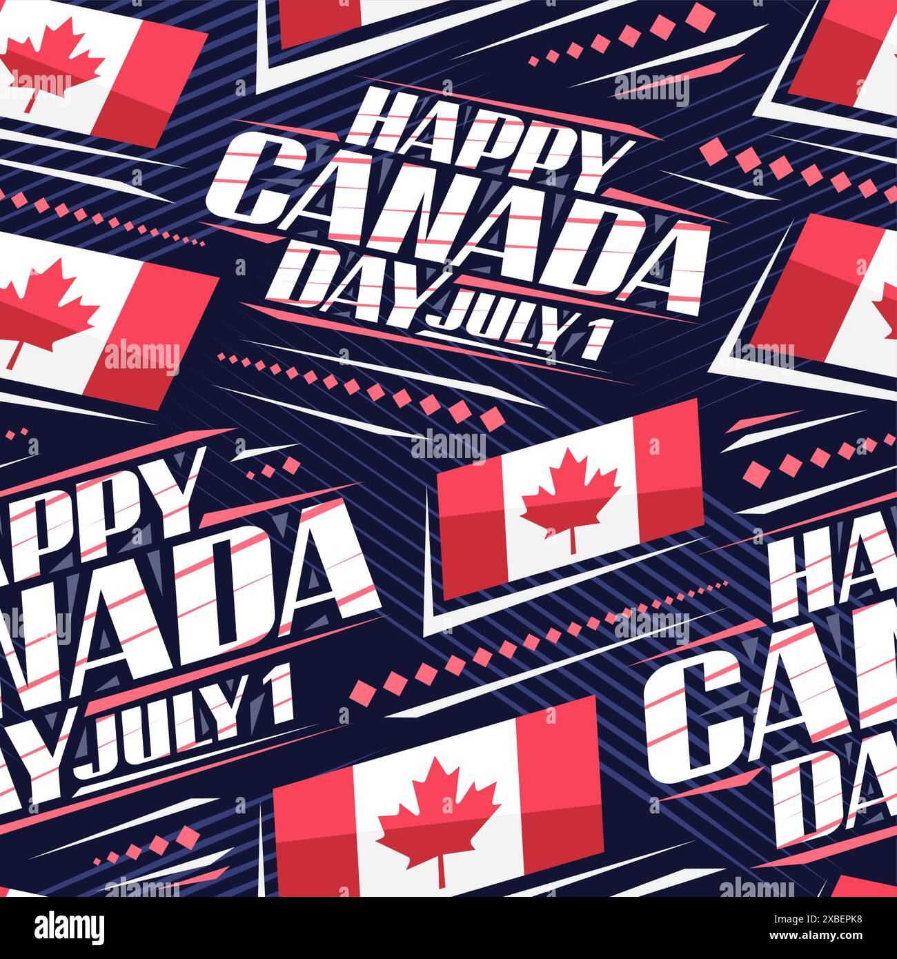 Nahtloses Muster des Vektors für Canada Day, quadratischer Hintergrund mit Illustration der kanadischen Flagge mit rotem Ahornblatt und dekorativen Streifen, Plakat mit Stock Vektor