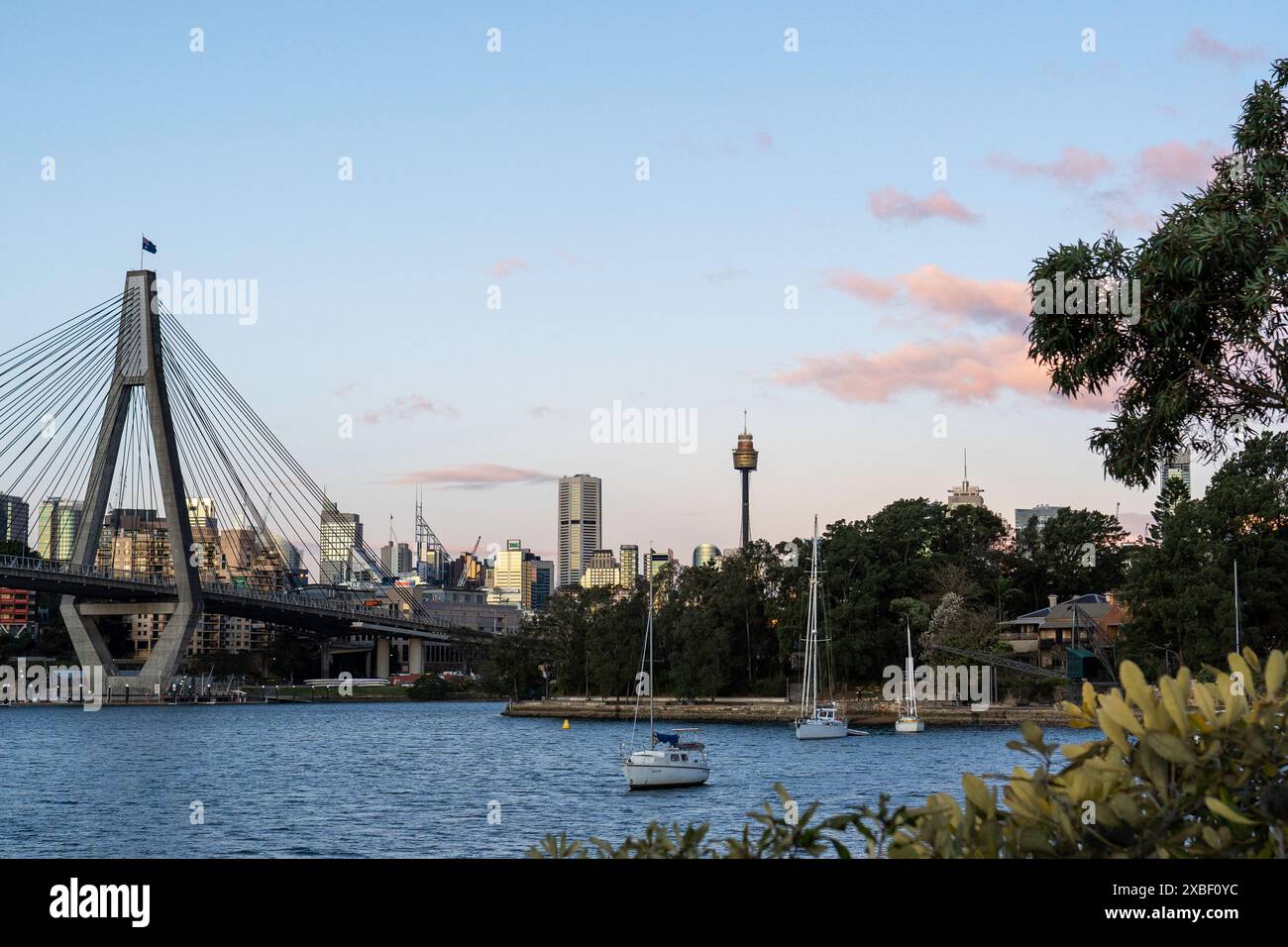 Die Anzac Bridge ist eine achtspurige Kabelbrücke bei Sunset, die in Richtung CBD gerichtet ist Stockfoto