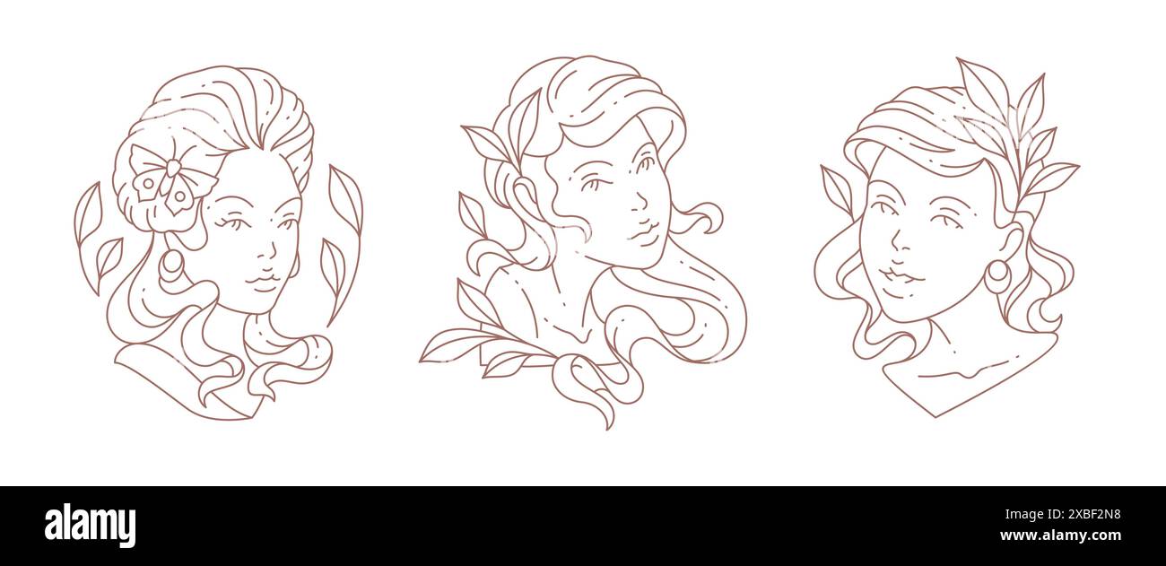 Handgezeichnetes minimalistisches Logo Set griechische antike Frau Büste mit Design dekorativen Schmetterling und Zweige Vektor Illustration. Frauengesicht Monoch Stock Vektor