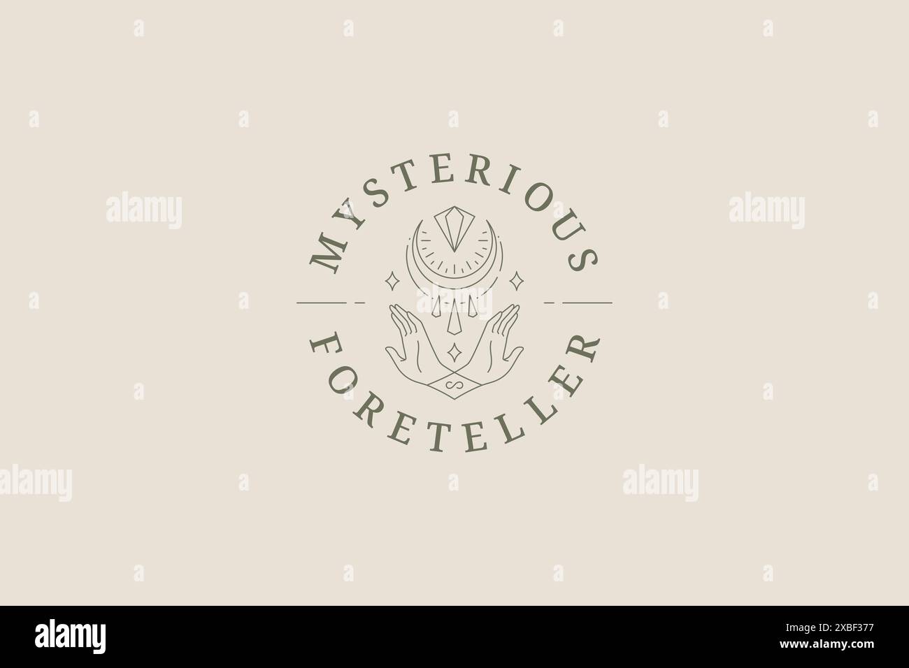 Spirituelle konzentrierte menschliche überkreuzte Hände mit Edelstein Schmuck Halbmond Magie Linie Logo Vektor Illustration. Mythische Meditation wappnet das Leben harmonisch und achtsam Stock Vektor