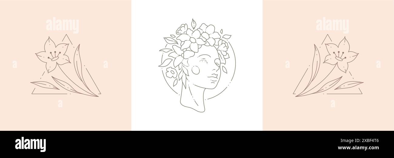 Lineares einfaches Logo Frau Porträt mit floralem botanischem Kranz am Rautenrahmen tropische Blätter Zweig Set Vektor-Illustration. Monochrom-Symbolkarte f Stock Vektor