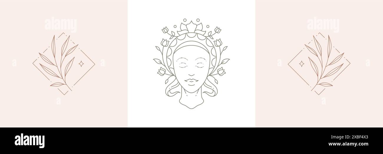 Einfarbiges antikes Göttin-Frauengesicht im botanischen Kranz mit tropischem natürlichen Baumzweig elegantes Dekor Set Vektor-Illustration. Simple Line Art ico Stock Vektor