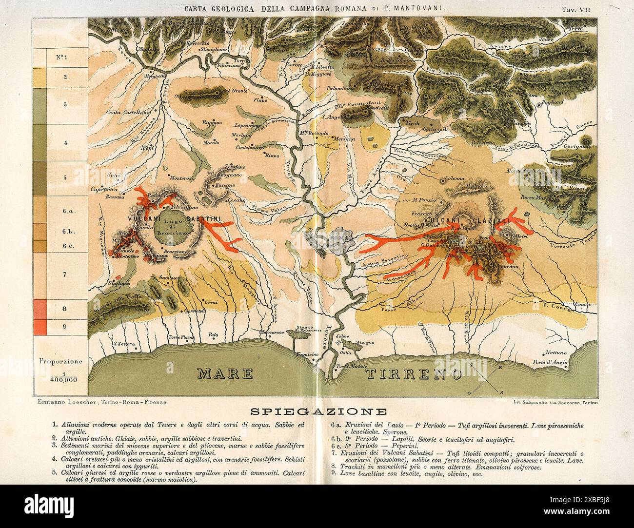 carta geologica della campagna romana - da Fisica terrestre - P.. Angelo Secchi - edizione Ermanno Loescher - 1879 - Brescia - Università Cattolica de Stockfoto