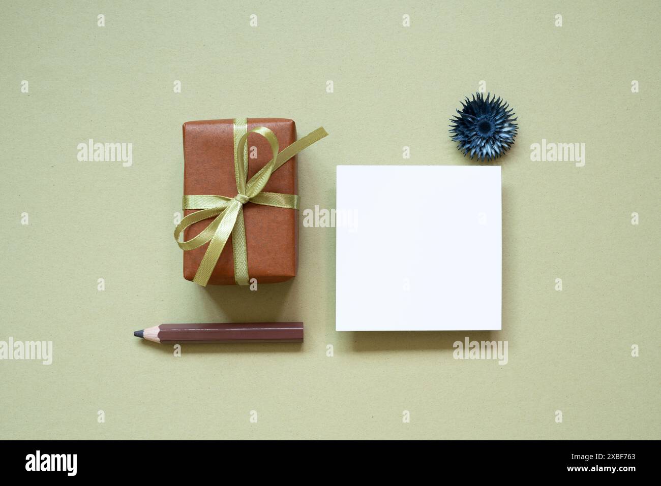 Braune Geschenkbox, farbiger Bleistift, Notizblock, trockene Blume auf khakifarbenem Hintergrund. Draufsicht Stockfoto