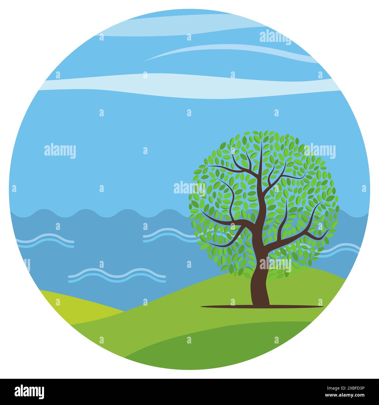 Vektor-Karikaturlandschaft mit dem einsamen Baum gegen den See im Kreis. Stock Vektor