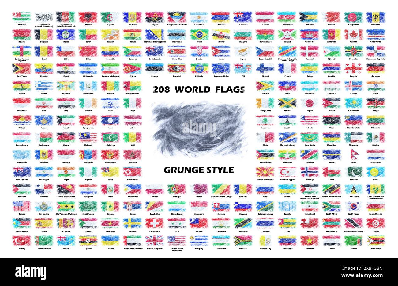 Sammlung offizieller Flaggen der Welt in alphabetischer Reihenfolge im Grunge-Stil. Stockfoto