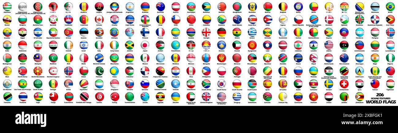 Sammlung offizieller Flaggen der Welt in alphabetischer Reihenfolge rund um den 3D-Effekt. Stockfoto