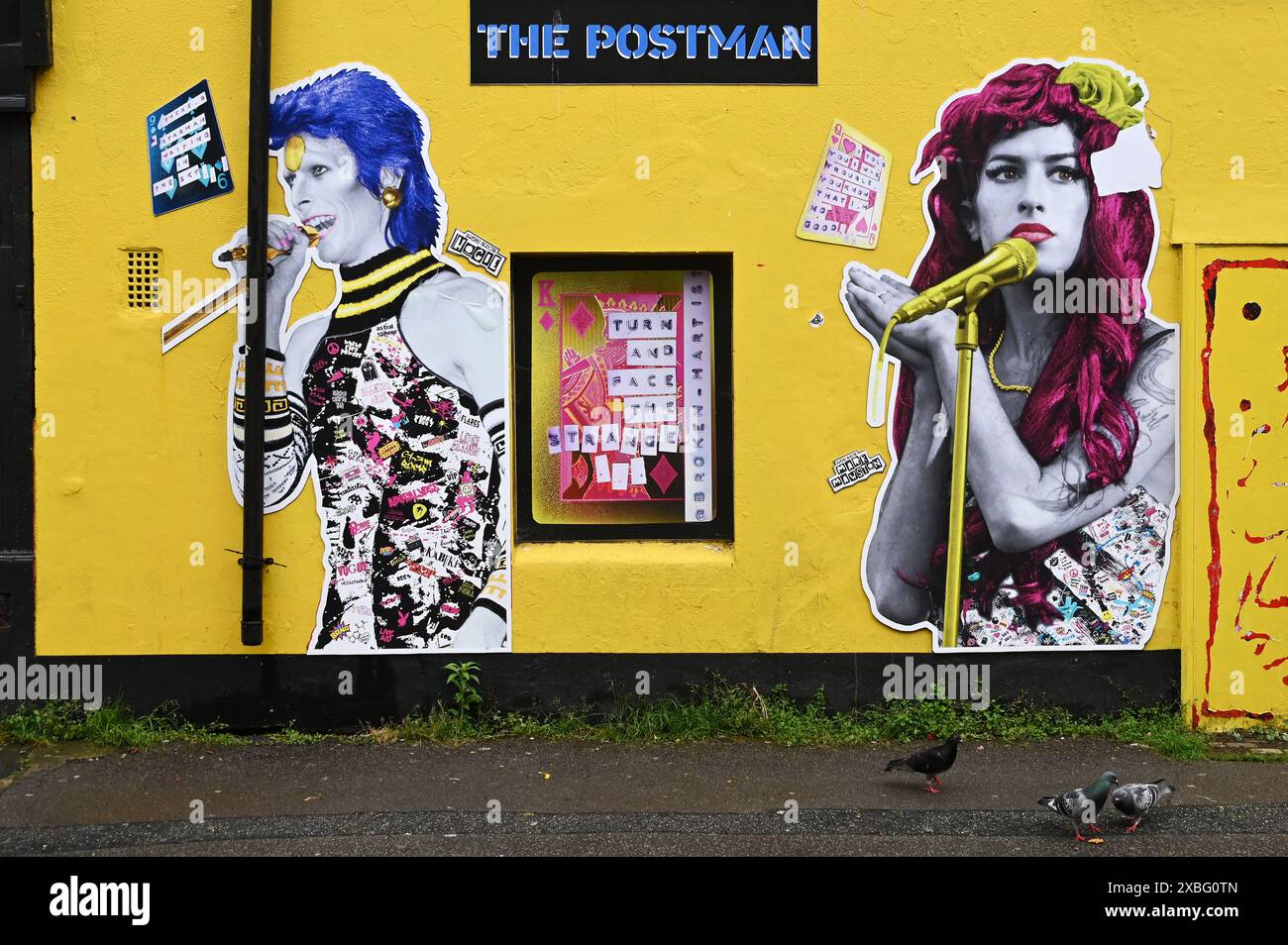 Music Emporium, GebŠude mit Bildern von David Bowie, und Amy Whitehouse, North Laine, Brighton, England Stockfoto