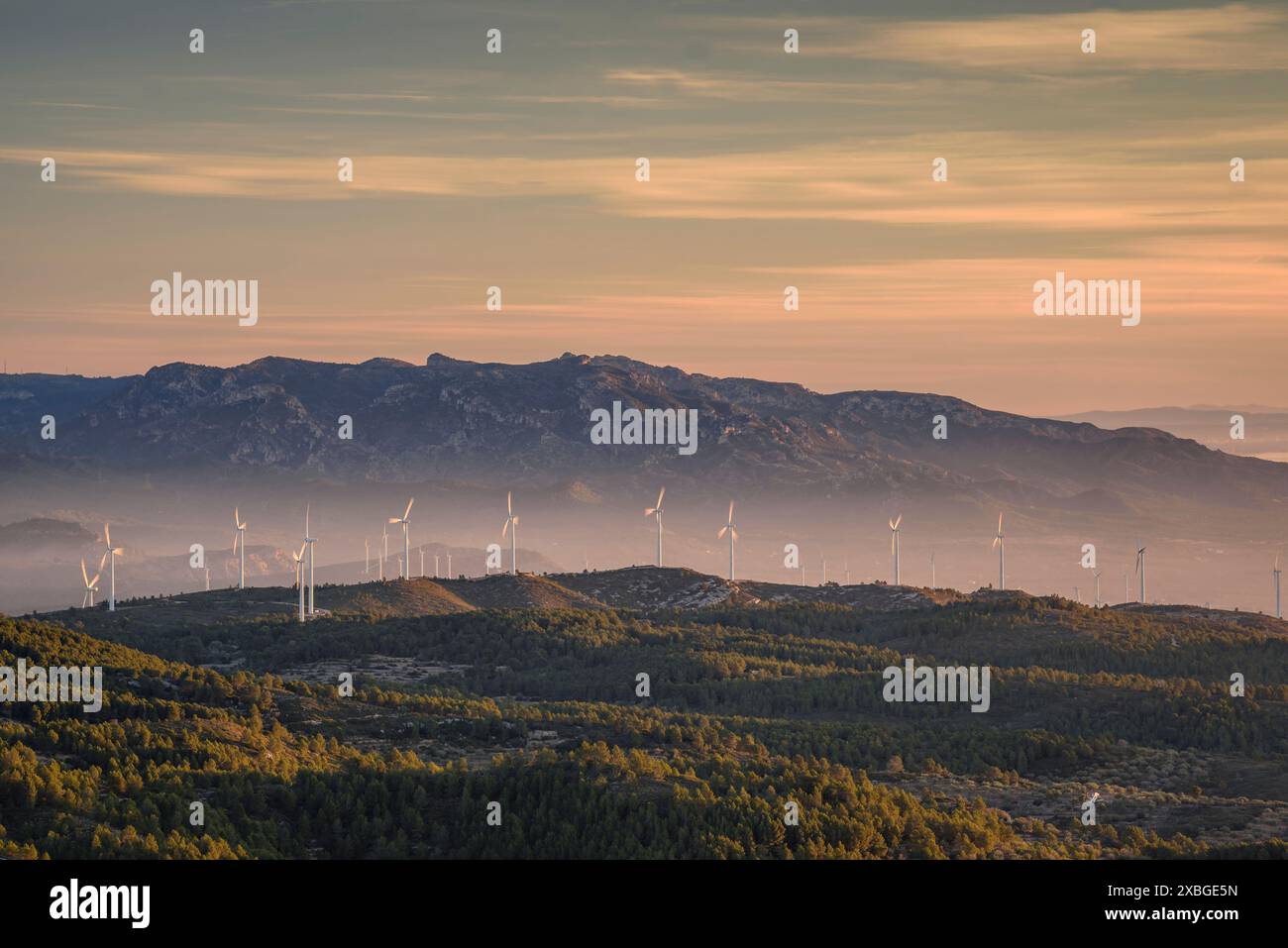 Windpark Les Calobres, von der Boix-Bergkette während eines Sonnenaufgangs im Winter gesehen (Baix Ebre, Tarragona, Katalonien, Spanien) Stockfoto