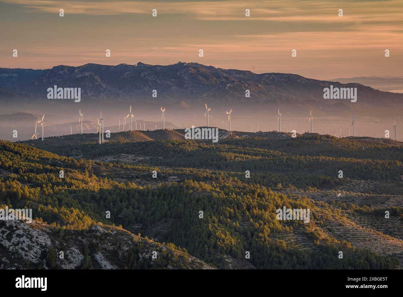 Windpark Les Calobres, von der Boix-Bergkette während eines Sonnenaufgangs im Winter gesehen (Baix Ebre, Tarragona, Katalonien, Spanien) Stockfoto