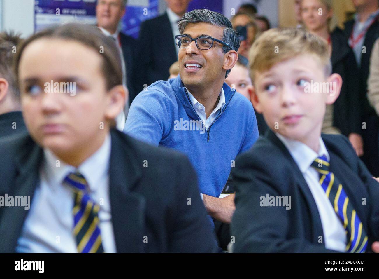 Premierminister Rishi Sunak besucht die John Whitgift Academy in Grimsby, Lincolnshire, während er im Wahlkampfpfad der Wahl der Wahl ist. Bilddatum: Mittwoch, 12. Juni 2024. Stockfoto
