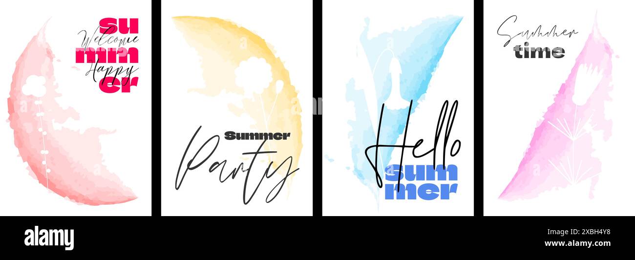 Hello Sommer-Poster-Vorlage mit abstrakter Aquarellzeichnung Blume. Handgezeichnetes Plakat mit Blumenmalerei. Botanischer Pinselüberzug. Sommer blüht Banner. Pflanzliche Pflanzenvektorpostkarte Stock Vektor
