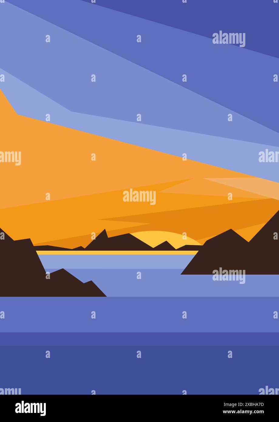 Morgenlandschaft am Meer mit Meer und Bergen Vektor-Illustration. Sonnenaufgang am Miami Beach. Nordisches Naturpanorama in flachem Stil. Segelschiff in der Nähe der See Stock Vektor