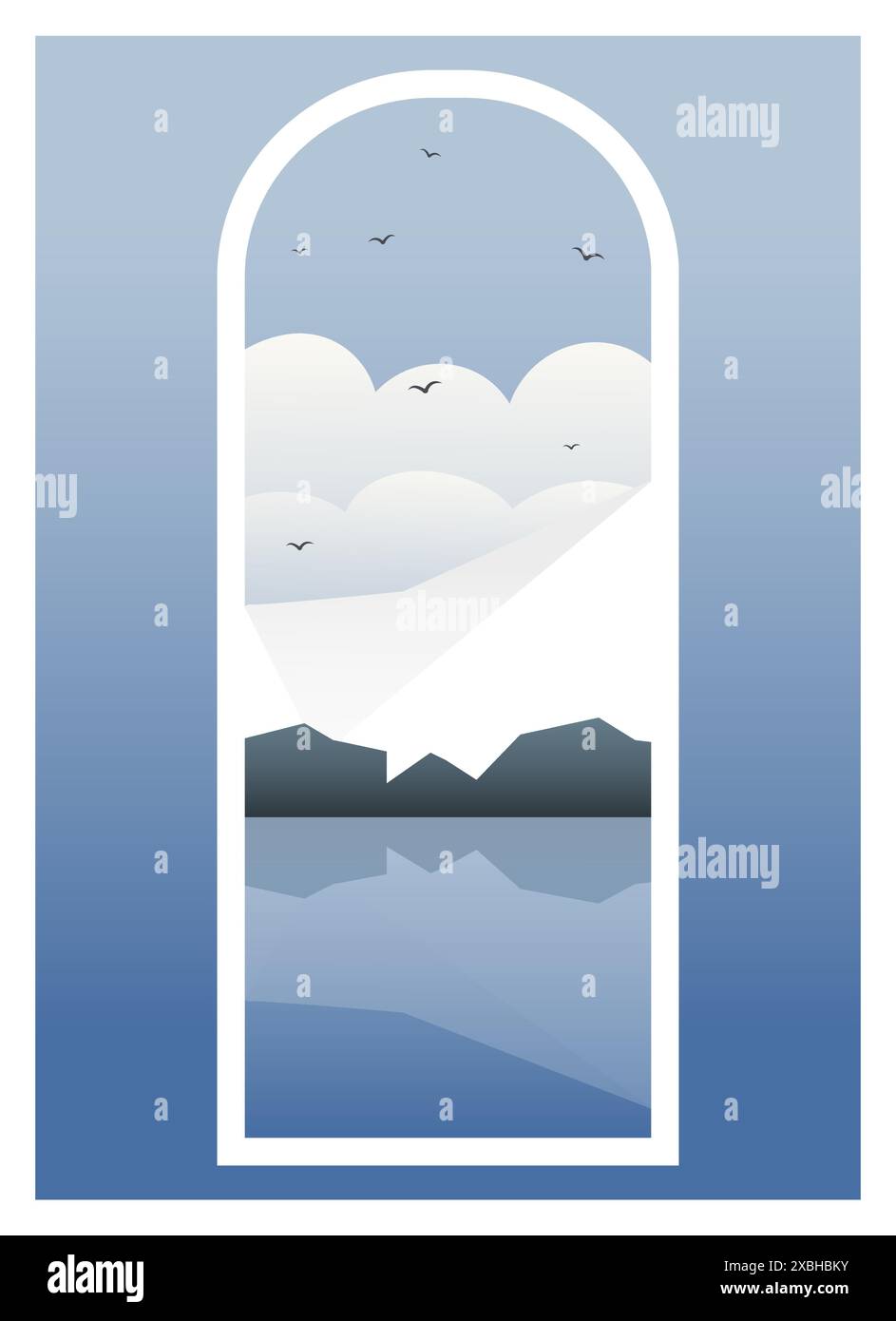Ästhetische bewölkte, schneebedeckte Berglandschaft in der Nähe des Sees. Illustration des Panoramas am Morgen. Moderner Boho-Hintergrund mit Winter gefrorenen alpen. Hintergrund für bestellung Stock Vektor