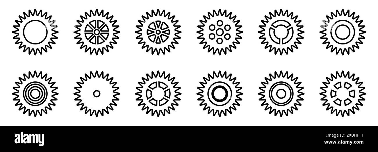 Symbolsatz Gänge. Symbol für Gangeinstellung. Sammlung mechanischer Zahnräder. Einfache Zahnradsammlung. Silhouette mit Zahnradsymbolen. Vector Illustrati Stock Vektor