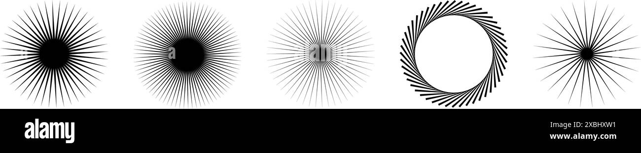 Sonnenschein-Symbol. Radiale Sonnenstrahlen. Symbolgruppe Feuerwerk Linie. Starburst-Lichtexplosion Stock Vektor