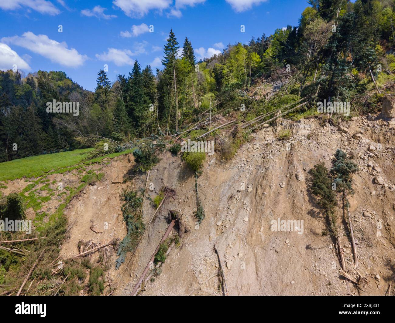 Dramatischer Erdrutsch in Hoerbranz, Leiblachtal, Österreich Stockfoto