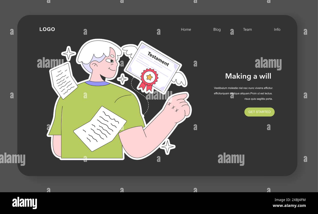 Webbanner oder Landing-Page für Meilensteine im Seniorenleben. Alt werden und Reifen. Pensionierter Mann, der ein Testament macht. Ein alter Charakter schreibt ein Testament. Eigenschaft, in der Papier übertragen wird. Illustration des flachen Vektors. Stock Vektor Webbanner oder Landing-Page für Meilensteine im Seniorenleben. Alt werden und Reifen. Pensionierter Mann, der ein Testament macht. Ein alter Charakter schreibt ein Testament. Eigenschaft, in der Papier übertragen wird. Illustration des flachen Vektors. Stock Vektor