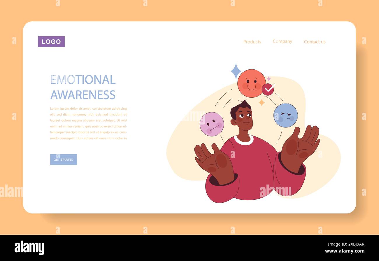 Webbanner oder Landing-Page für emotionales Bewusstsein. Die emotionale Intelligenz des schwarzen jungen Mannes. Tiefes Verständnis und Akzeptanz von Emotionen. Interner Persönlichkeitslernprozess. Illustration des flachen Vektors Stock Vektor