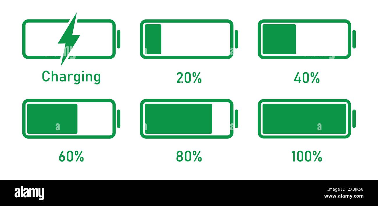 Das Vektorsymbol der Batterieladeanzeige ist grün. Weißer Hintergrund. Vektorabbildung. Akkuladung mit voller Energie. Stock Vektor