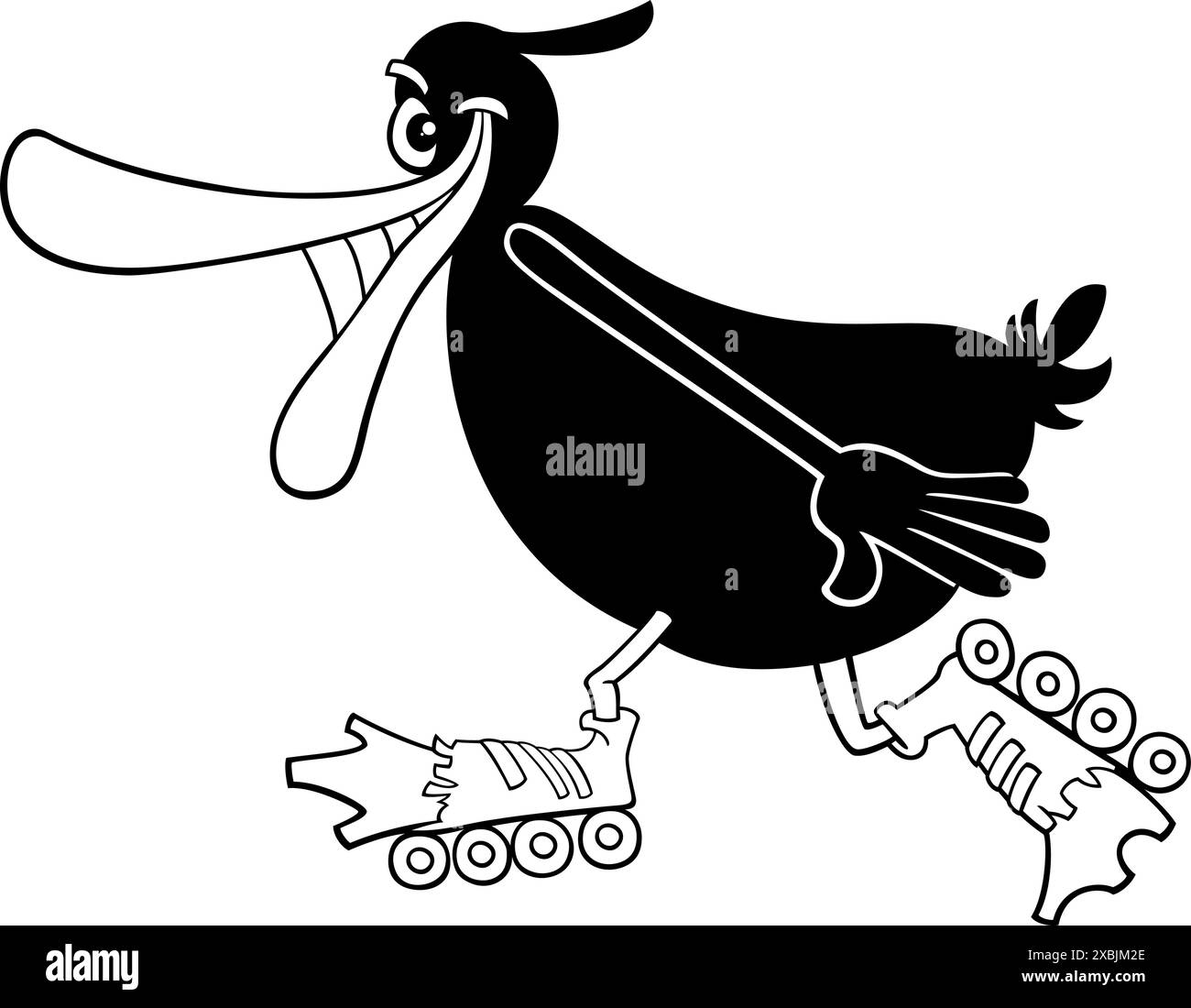 Zeichentrickillustration einer glücklichen schwarzen Ententierfigur, die auf Rollschuhen reitet Stock Vektor