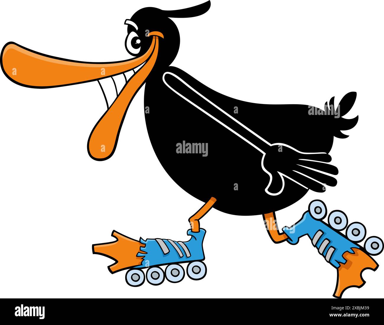 Cartoon-Illustration einer glücklichen schwarzen Ententierfigur, die auf Rollschuhen reitet Stock Vektor