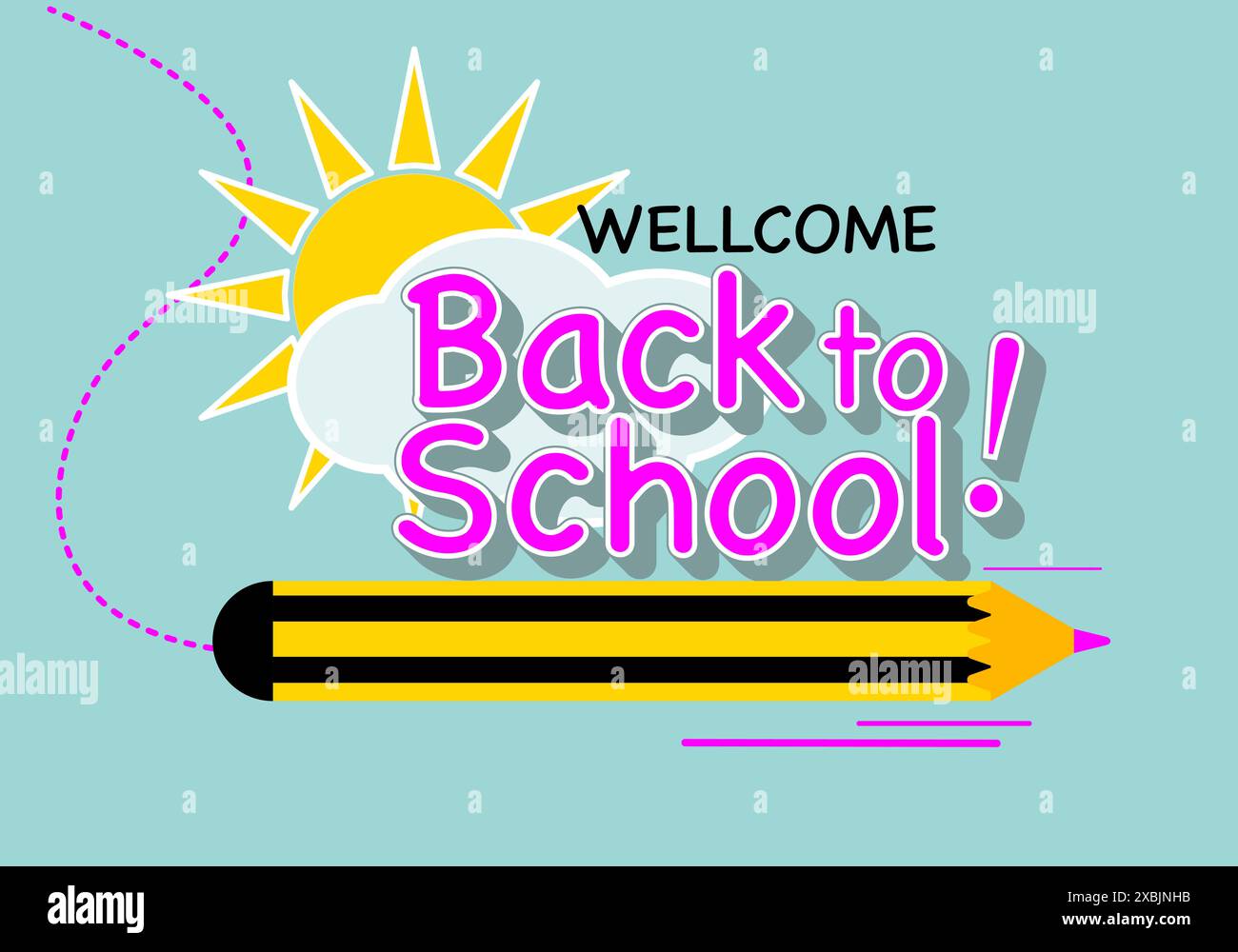Bunte Illustration von Wellcome Back to School Text und einem fliegenden Bleistift durch die Sonne und Wolke in einem blauen Himmel Stock Vektor