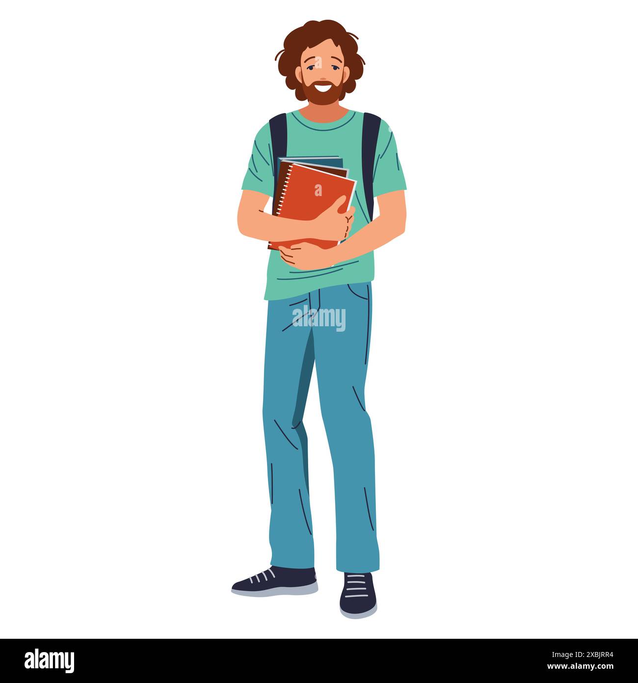 Ganzkörperporträt eines fröhlichen bärtigen Mannes in legeren Kleidern mit stehendem Rucksack und ein paar Büchern in Händen. Isoliert auf weißem Hintergrund Stock Vektor