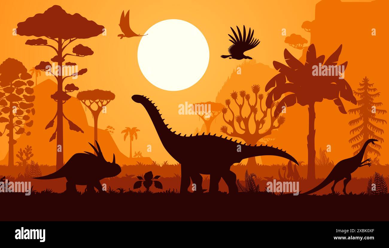 Dinosaurier-Silhouetten, Vektor-prähistorische Szene mit Silhouetten von Dino-Tieren, hoch aufragenden Pterodactyl und argentavis, triceratops und Sauropoden durchstreifen die Landschaft mit Farnen, Hügeln, Palmen und Sonnenuntergang Stock Vektor